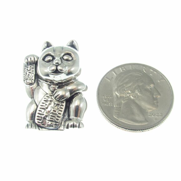 Solid 925 Sterling Silver Lucky Cat / Maneki Neko Slide Pendant Japanese Fortune - Picture 4 of 8